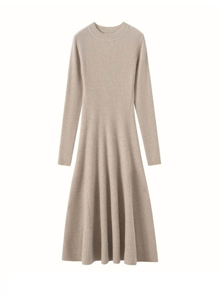 Rib-Knit Cashmere Crewneck Flared Sweater Dress