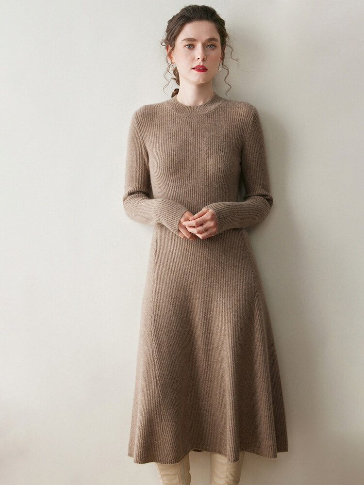 Rib-Knit Cashmere Crewneck Flared Sweater Dress