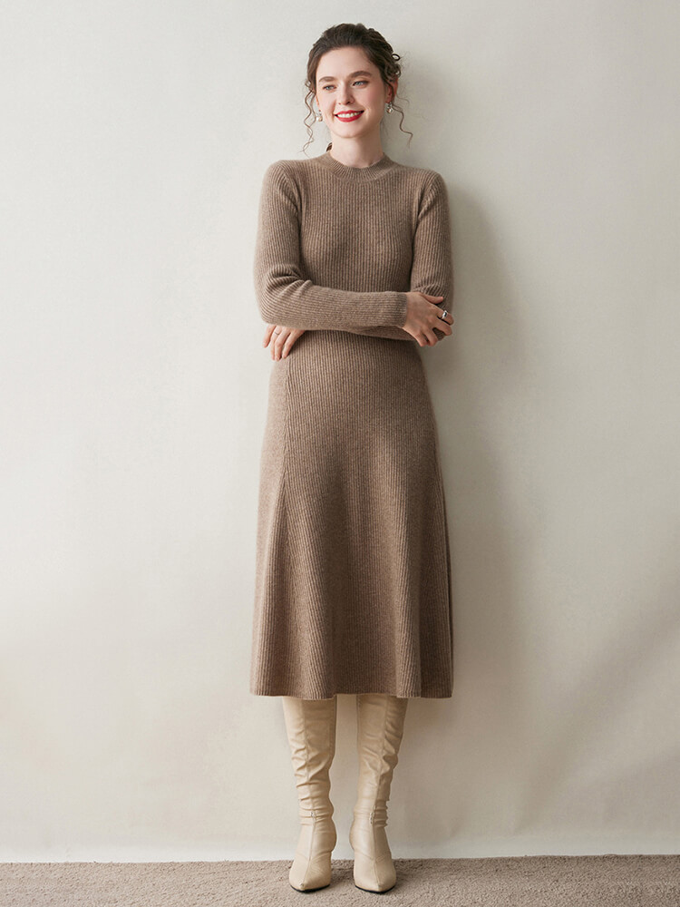 Rib-Knit Cashmere Crewneck Flared Sweater Dress