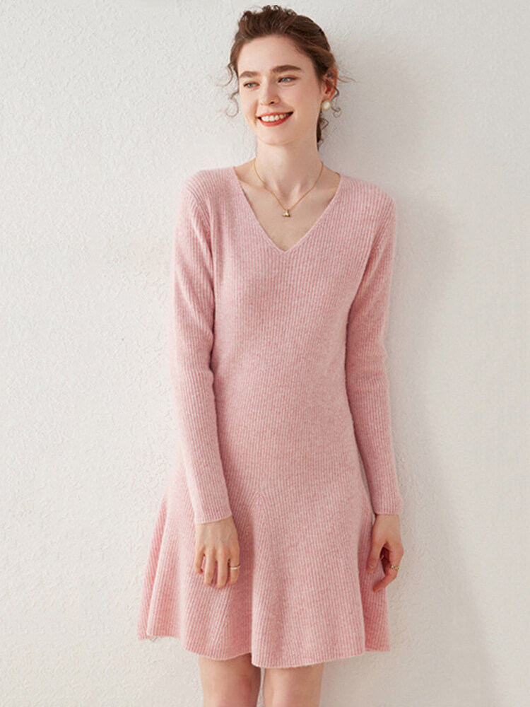 Ribbed V-Neck Cashmere A-Line Mini Sweater Dress