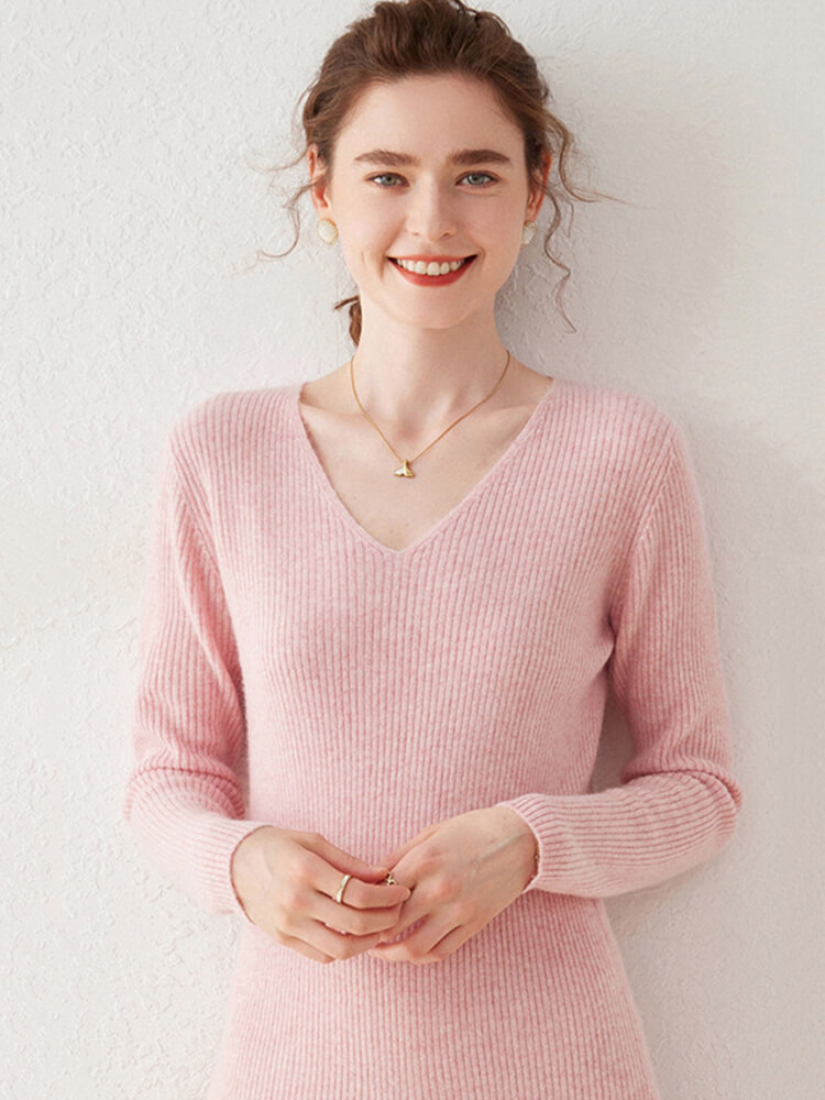 Ribbed V-Neck Cashmere A-Line Mini Sweater Dress