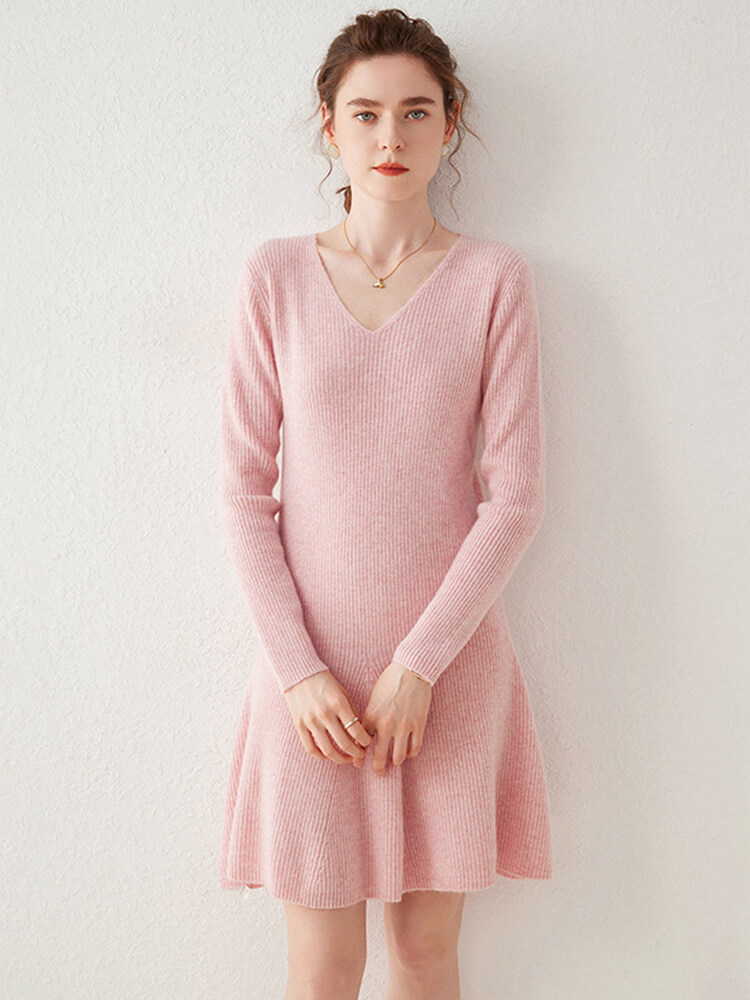 Ribbed V-Neck Cashmere A-Line Mini Sweater Dress