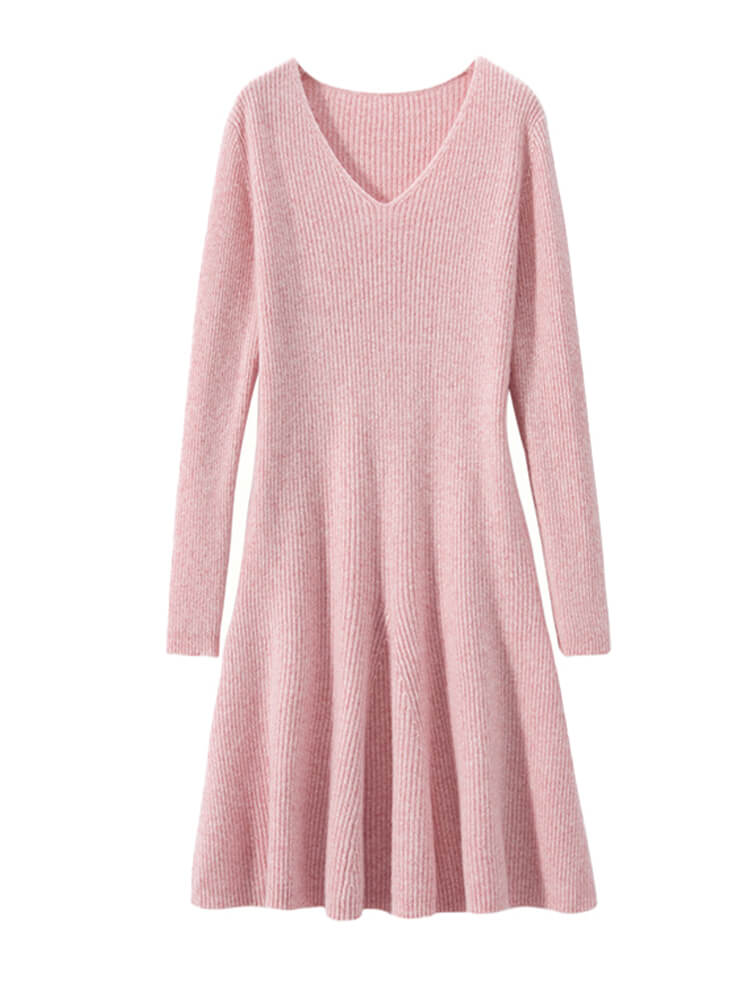 Ribbed V-Neck Cashmere A-Line Mini Sweater Dress
