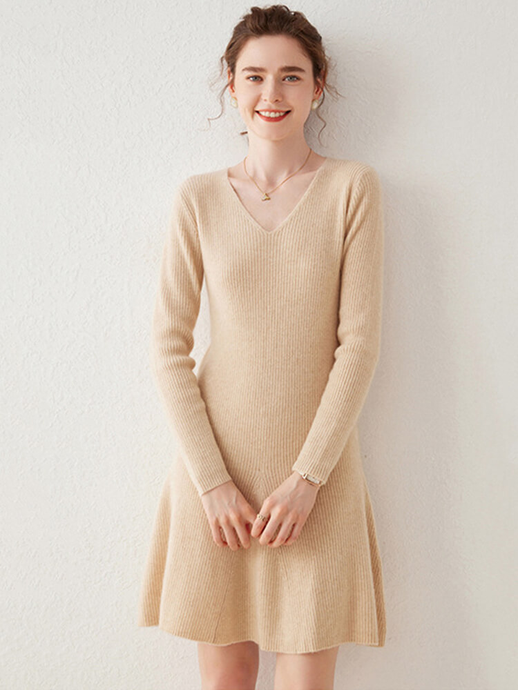 Ribbed V-Neck Cashmere A-Line Mini Sweater Dress