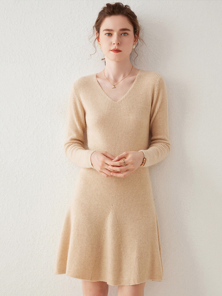 Ribbed V-Neck Cashmere A-Line Mini Sweater Dress
