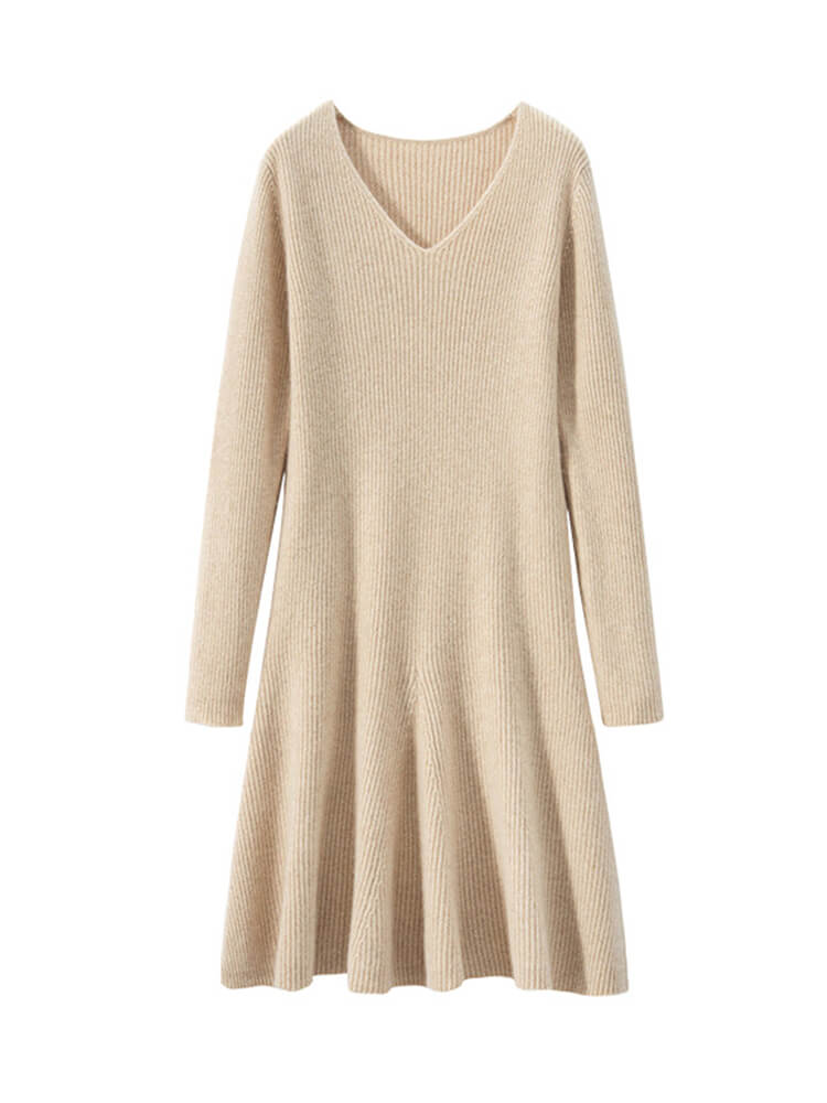 Ribbed V-Neck Cashmere A-Line Mini Sweater Dress