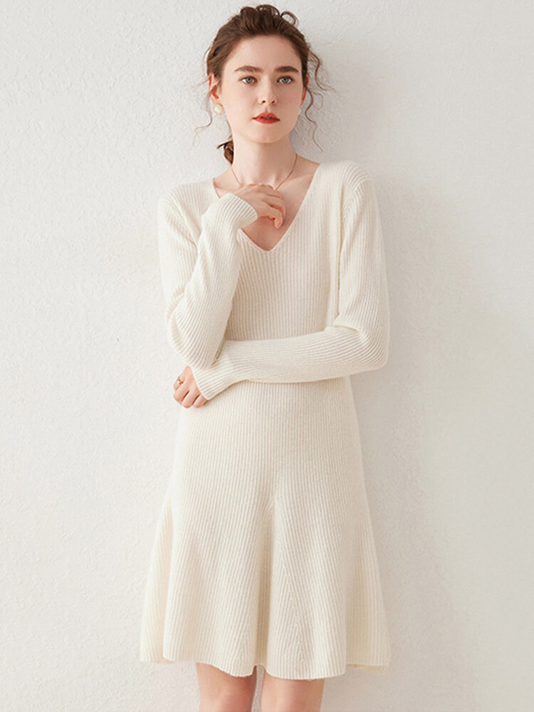 Ribbed V-Neck Cashmere A-Line Mini Sweater Dress
