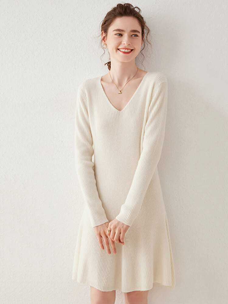 Ribbed V-Neck Cashmere A-Line Mini Sweater Dress
