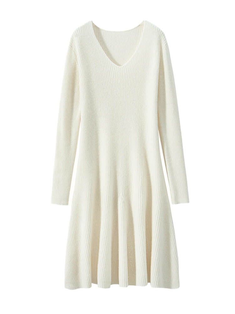Ribbed V-Neck Cashmere A-Line Mini Sweater Dress