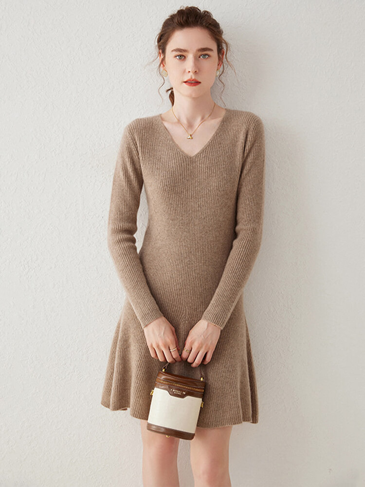 Ribbed V-Neck Cashmere A-Line Mini Sweater Dress