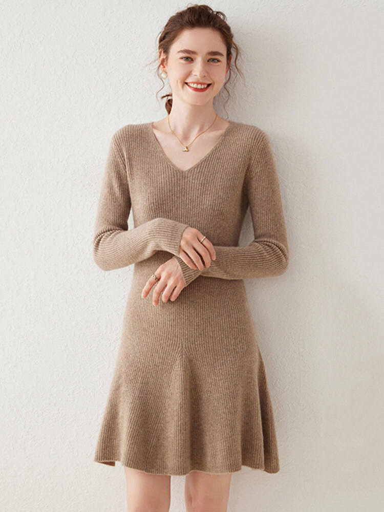 Ribbed V-Neck Cashmere A-Line Mini Sweater Dress