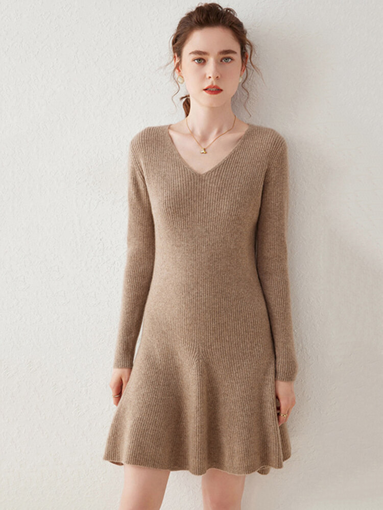 Ribbed V-Neck Cashmere A-Line Mini Sweater Dress