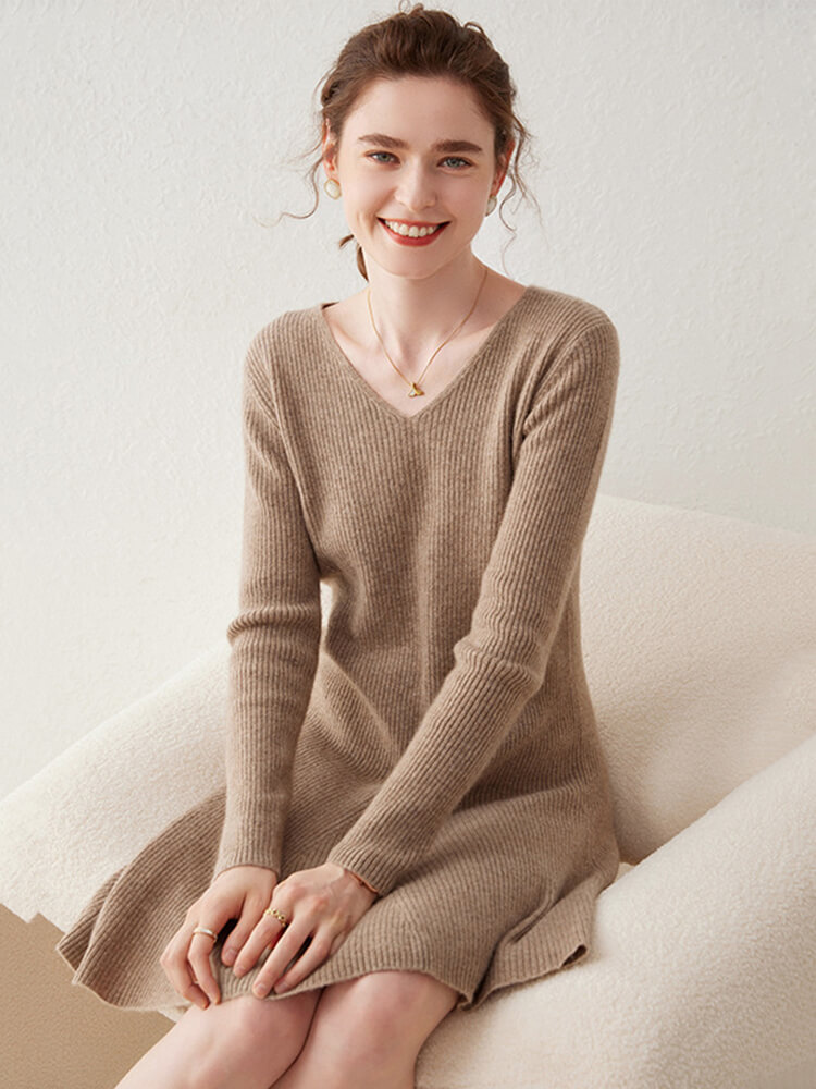 Ribbed V-Neck Cashmere A-Line Mini Sweater Dress