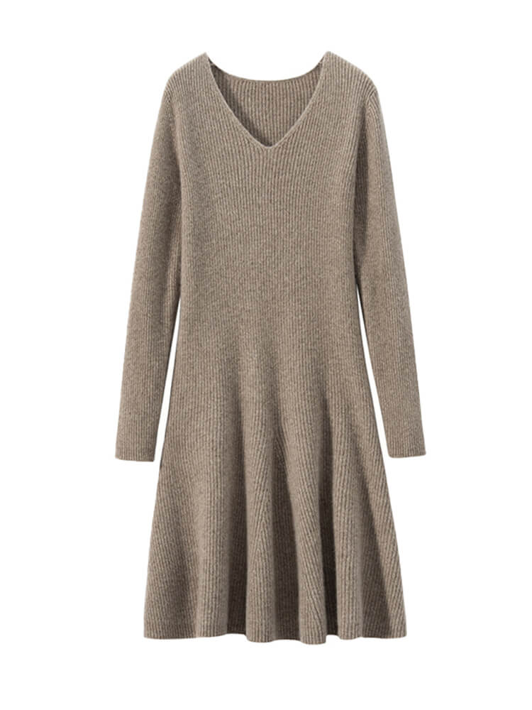 Ribbed V-Neck Cashmere A-Line Mini Sweater Dress