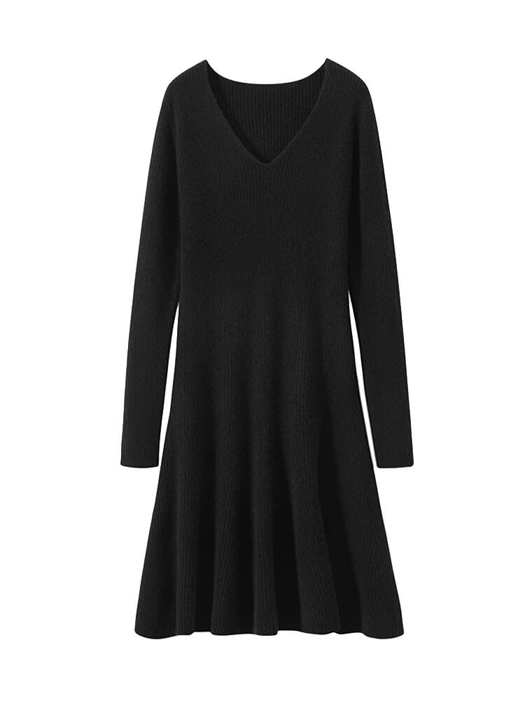 Ribbed V-Neck Cashmere A-Line Mini Sweater Dress