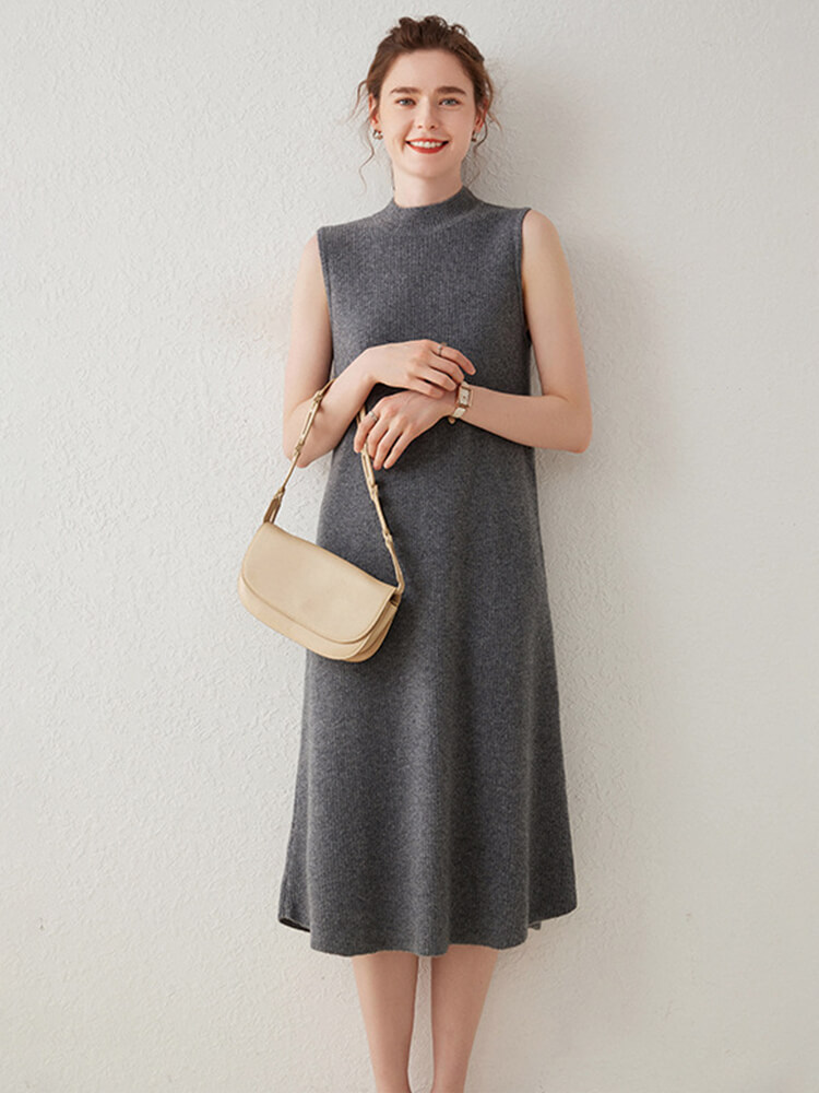 Stylish Sleeveless Cashmere Mock Neck Sweater Dress