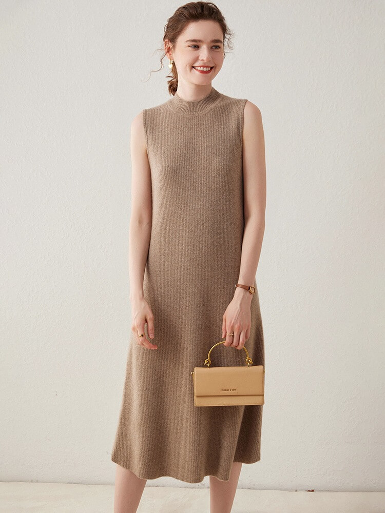 Stylish Sleeveless Cashmere Mock Neck Sweater Dress