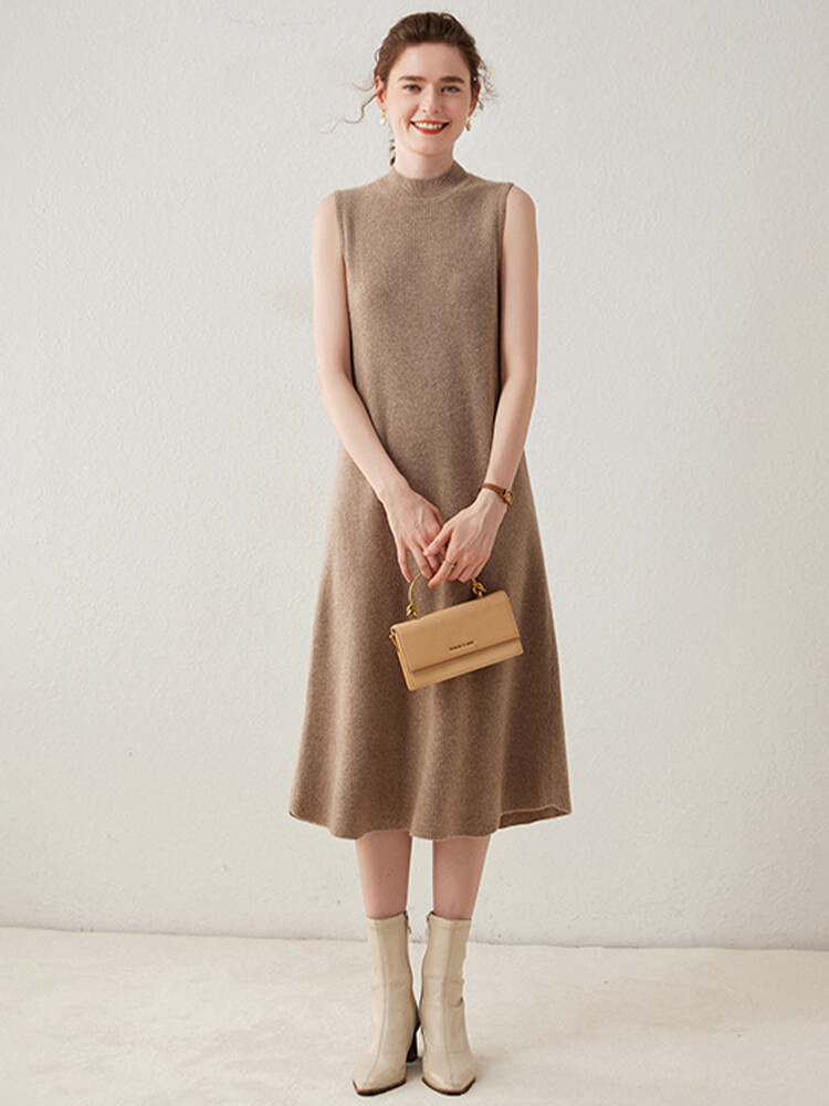 Stylish Sleeveless Cashmere Mock Neck Sweater Dress
