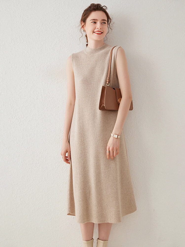 Stylish Sleeveless Cashmere Mock Neck Sweater Dress