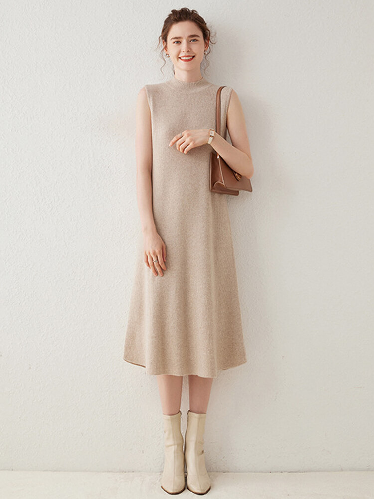 Stylish Sleeveless Cashmere Mock Neck Sweater Dress