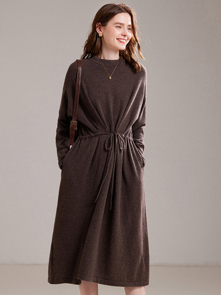 Cozy Relaxed-Fit Womens 100% Cashmere Midi Dress with Drawstring
