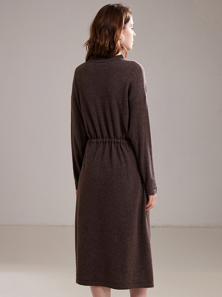 Cozy Relaxed-Fit Womens 100% Cashmere Midi Dress with Drawstring