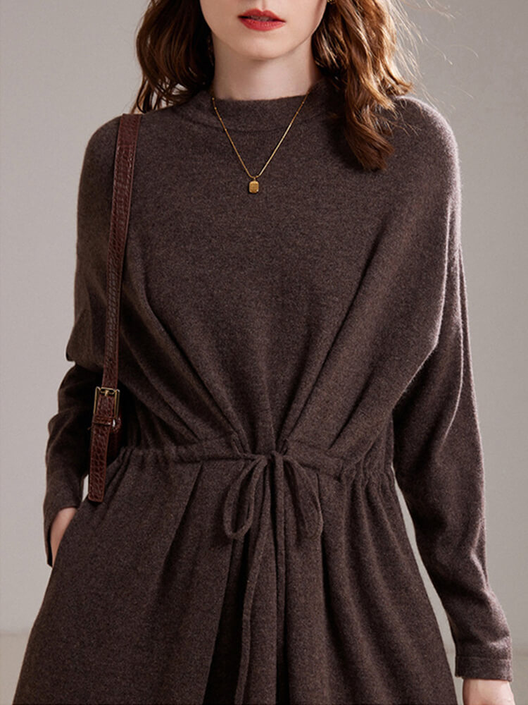 Cozy Relaxed-Fit Womens 100% Cashmere Midi Dress with Drawstring