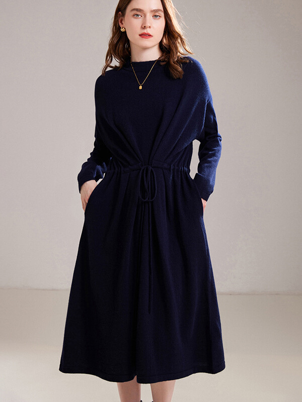 Cozy Relaxed-Fit Womens 100% Cashmere Midi Dress with Drawstring