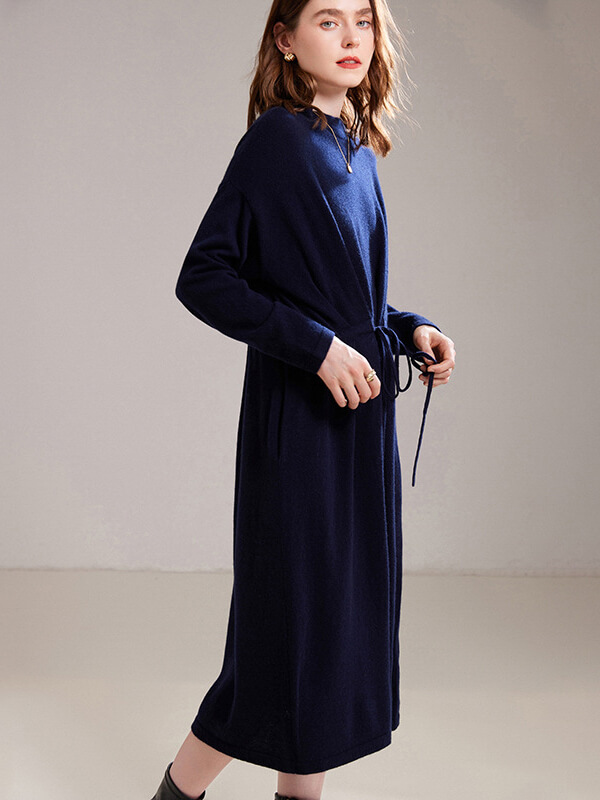 Cozy Relaxed-Fit Womens 100% Cashmere Midi Dress with Drawstring