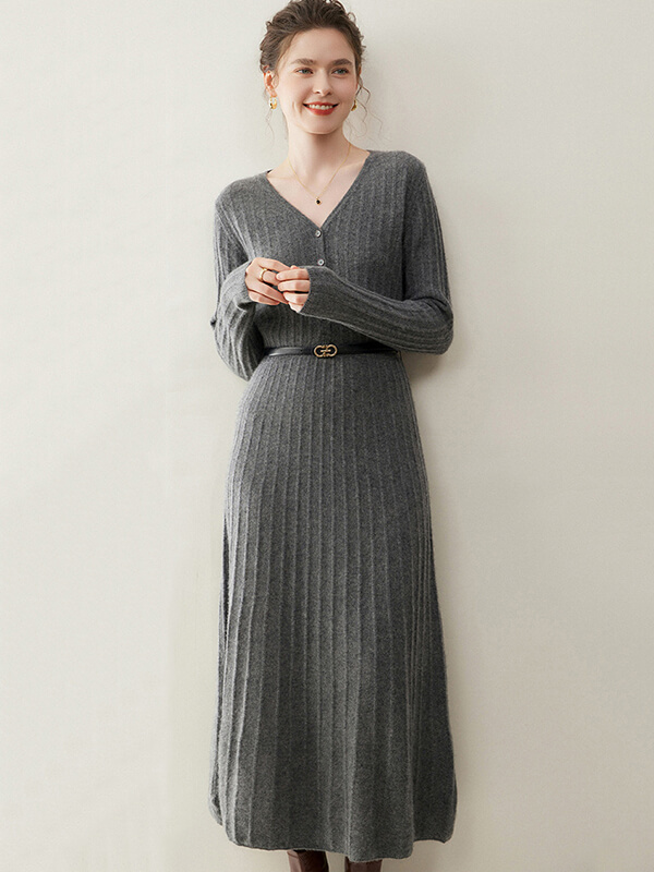 Sexy Rib-Knit V-Neck Long Cashmere Dress with Buttons