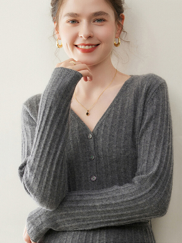 Sexy Rib-Knit V-Neck Long Cashmere Dress with Buttons