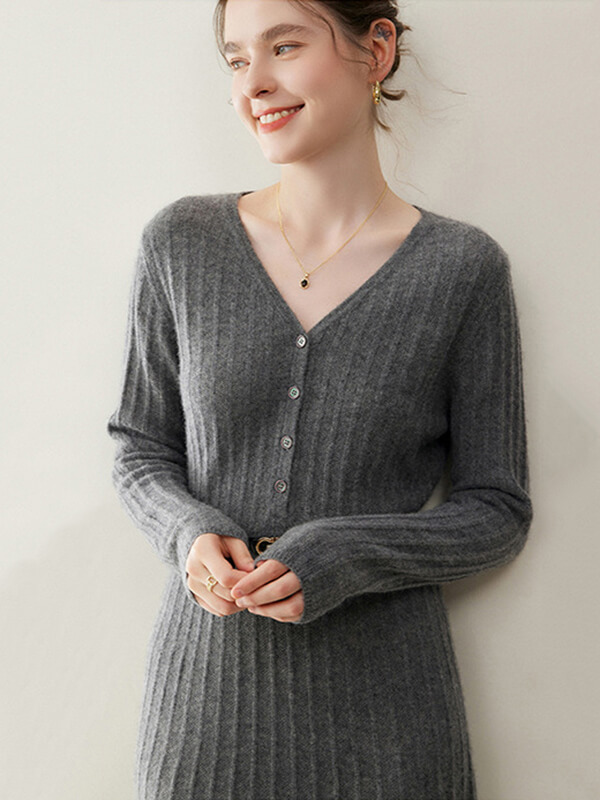 Sexy Rib-Knit V-Neck Long Cashmere Dress with Buttons