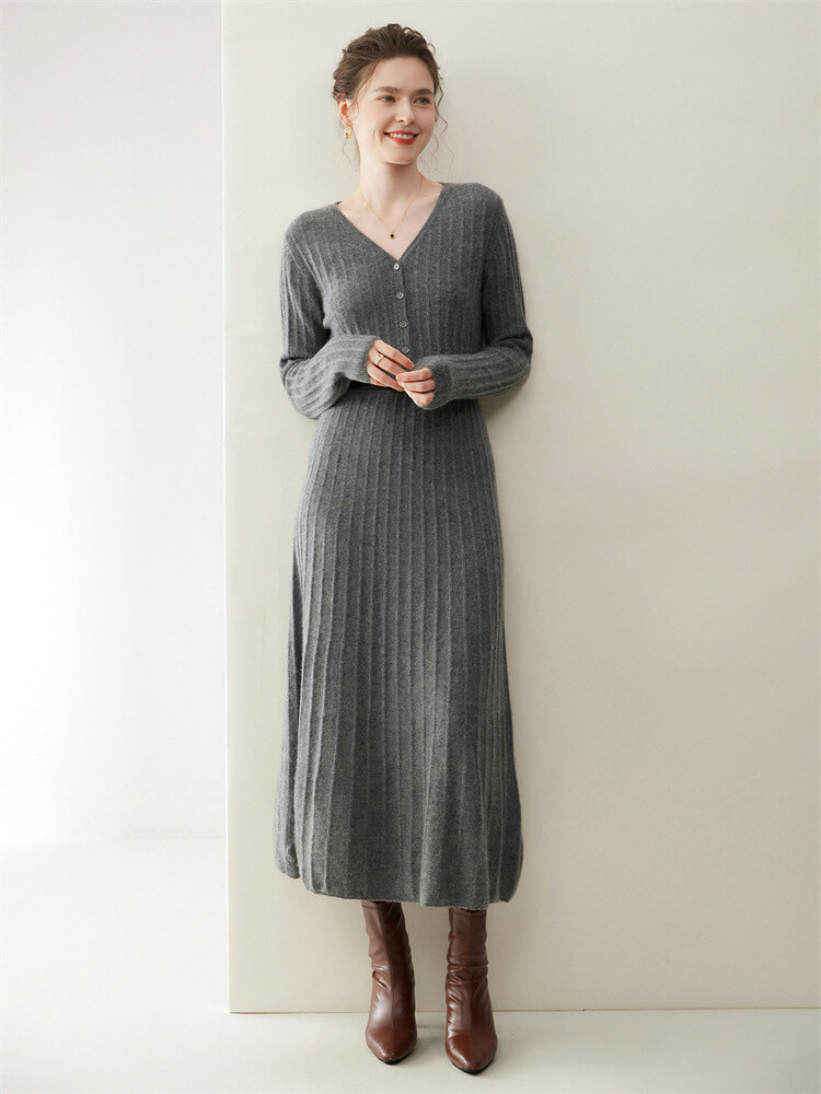 Sexy Rib-Knit V-Neck Long Cashmere Dress with Buttons