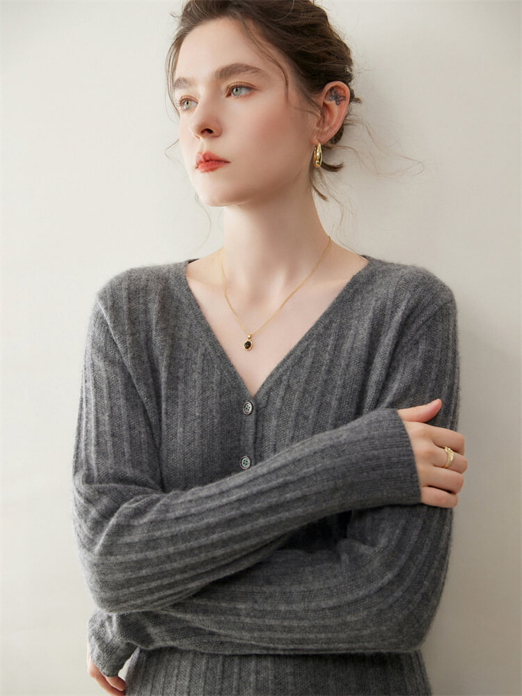 Sexy Rib-Knit V-Neck Long Cashmere Dress with Buttons