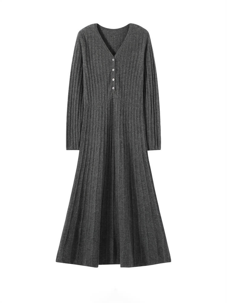 Sexy Rib-Knit V-Neck Long Cashmere Dress with Buttons