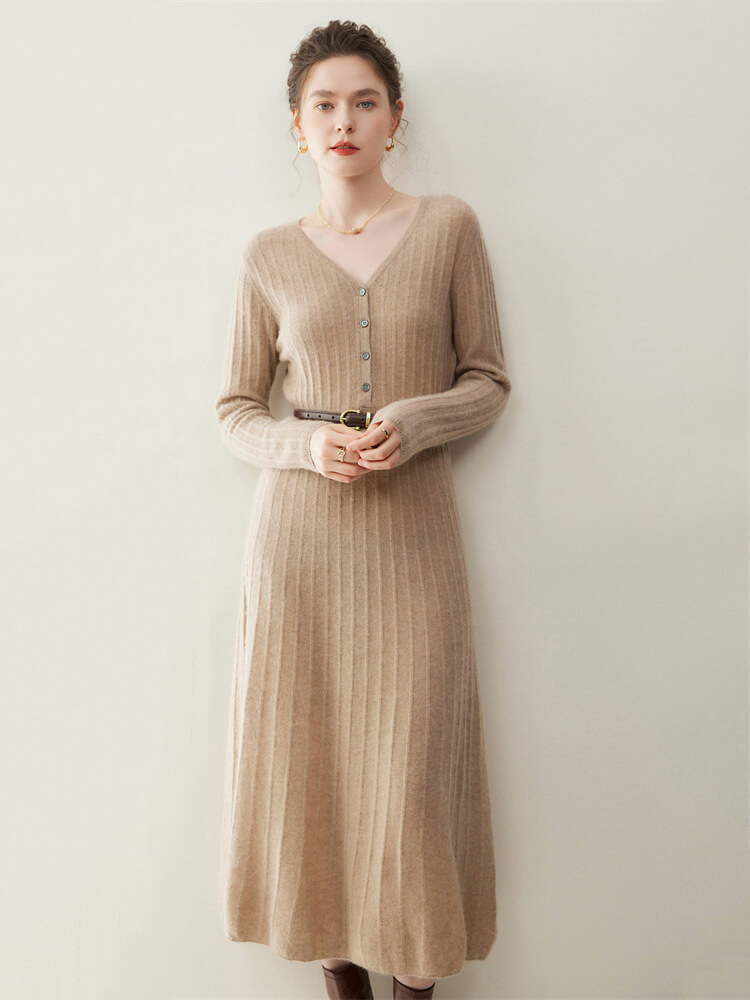 Sexy Rib-Knit V-Neck Long Cashmere Dress with Buttons