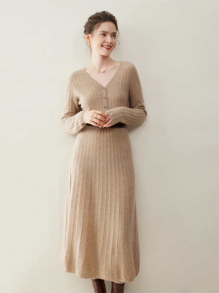 Sexy Rib-Knit V-Neck Long Cashmere Dress with Buttons