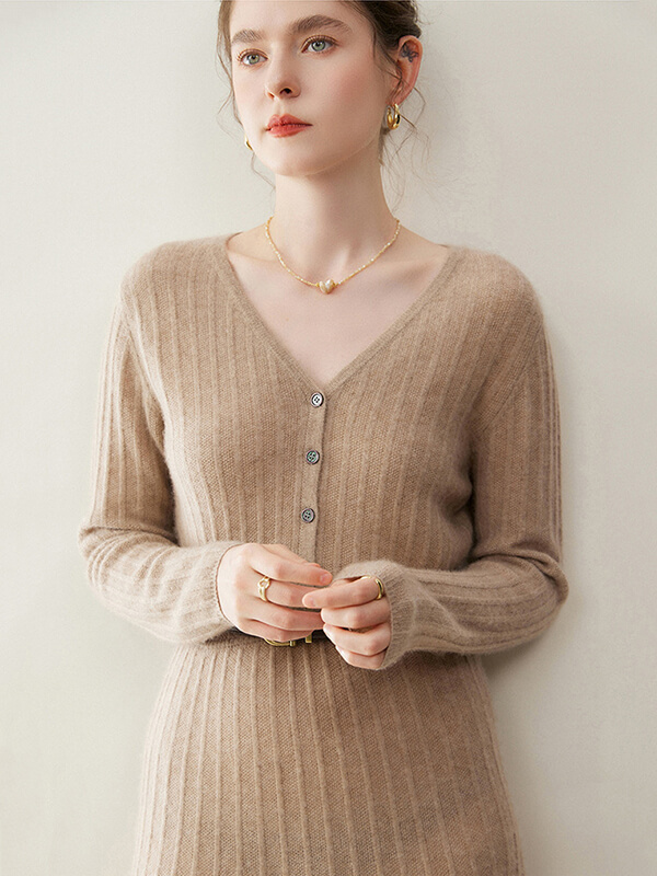 Sexy Rib-Knit V-Neck Long Cashmere Dress with Buttons