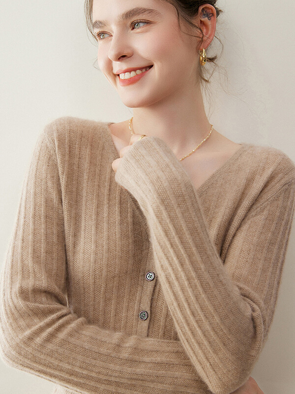 Sexy Rib-Knit V-Neck Long Cashmere Dress with Buttons