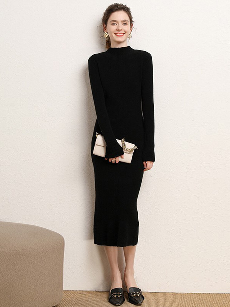 100% Merino Wool Ribbed Mock Neck Bodycon Midi Dress
