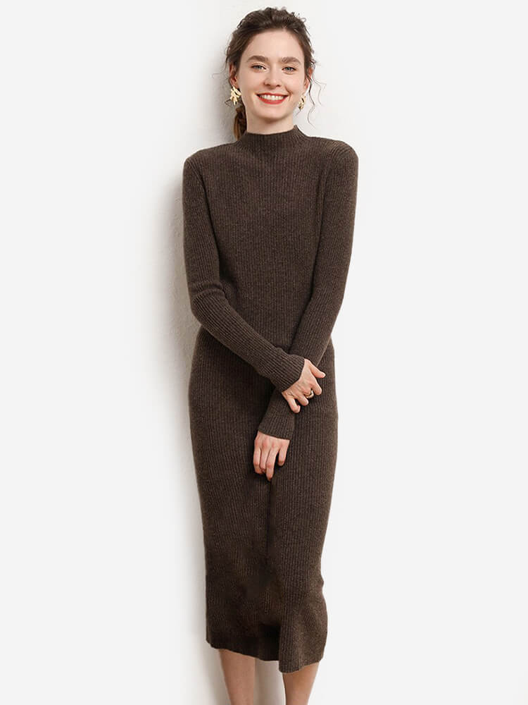 100% Merino Wool Ribbed Mock Neck Bodycon Midi Dress