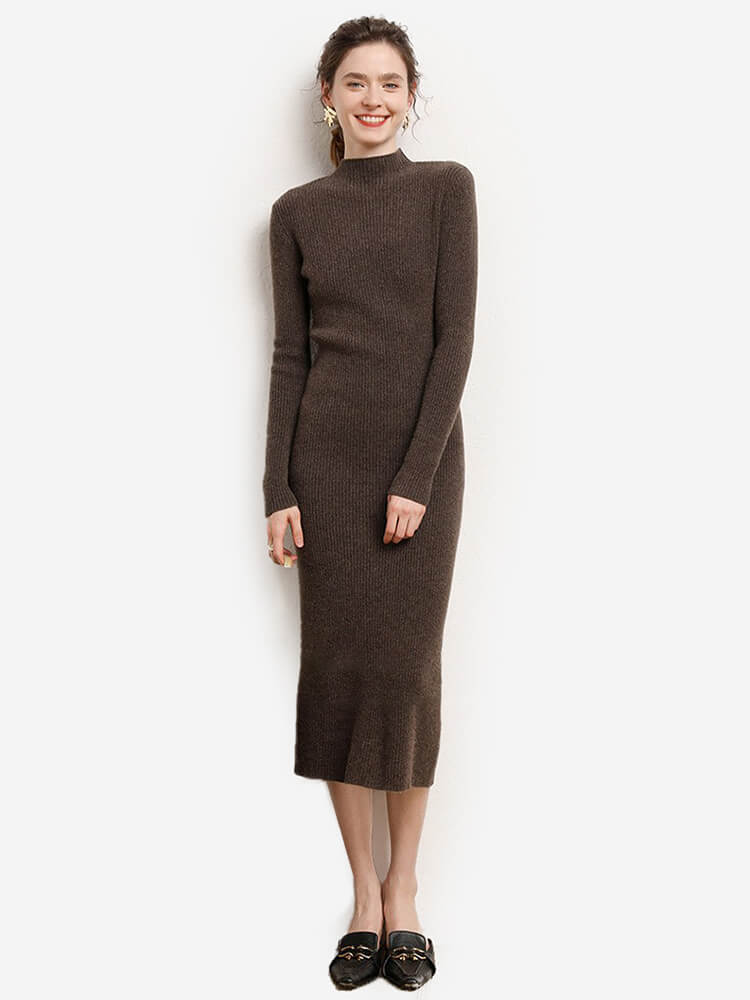 100% Merino Wool Ribbed Mock Neck Bodycon Midi Dress