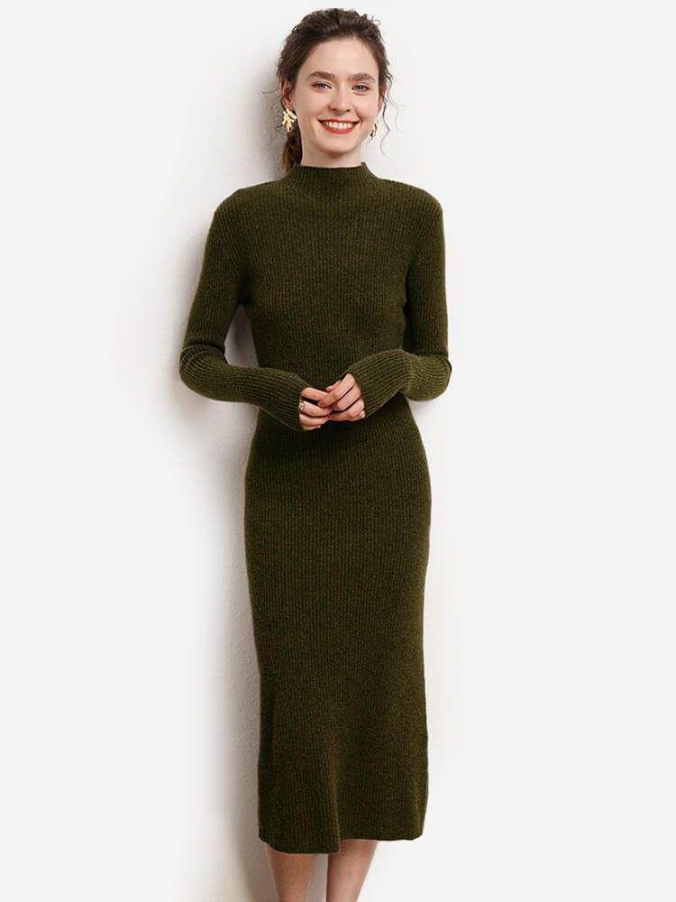 100% Merino Wool Ribbed Mock Neck Bodycon Midi Dress