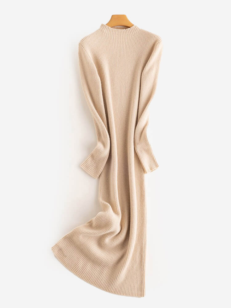 100% Merino Wool Ribbed Mock Neck Bodycon Midi Dress