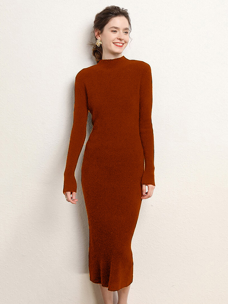 100% Merino Wool Ribbed Mock Neck Bodycon Midi Dress