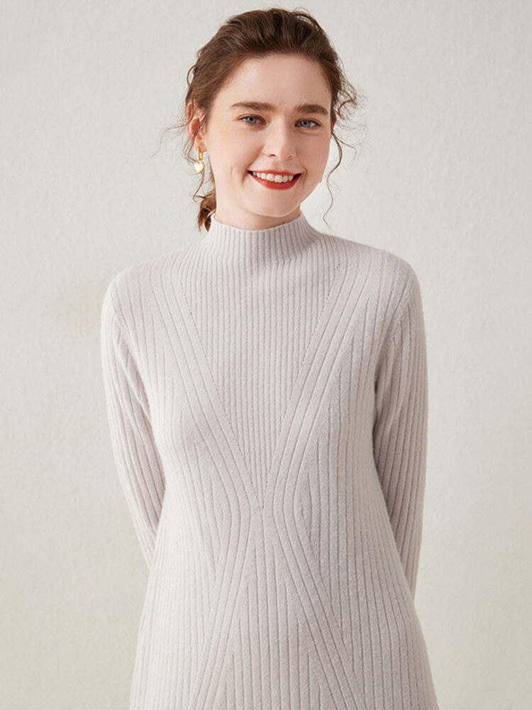 V-shaped Rib-knit Cashmere Mock Neck Midi Dress
