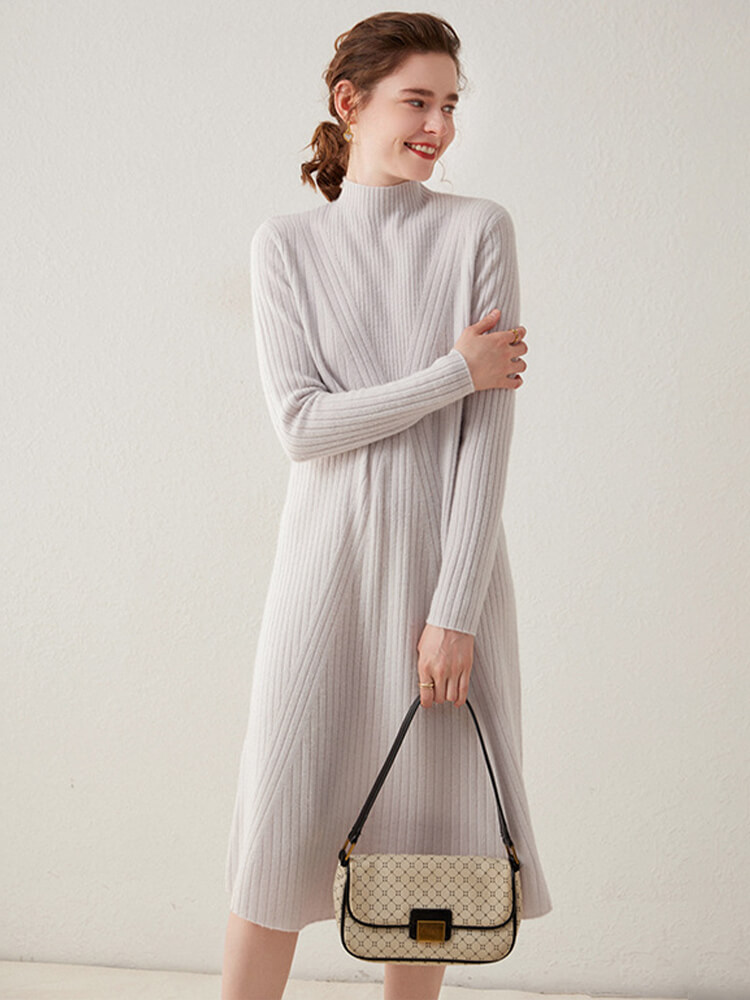 V-shaped Rib-knit Cashmere Mock Neck Midi Dress