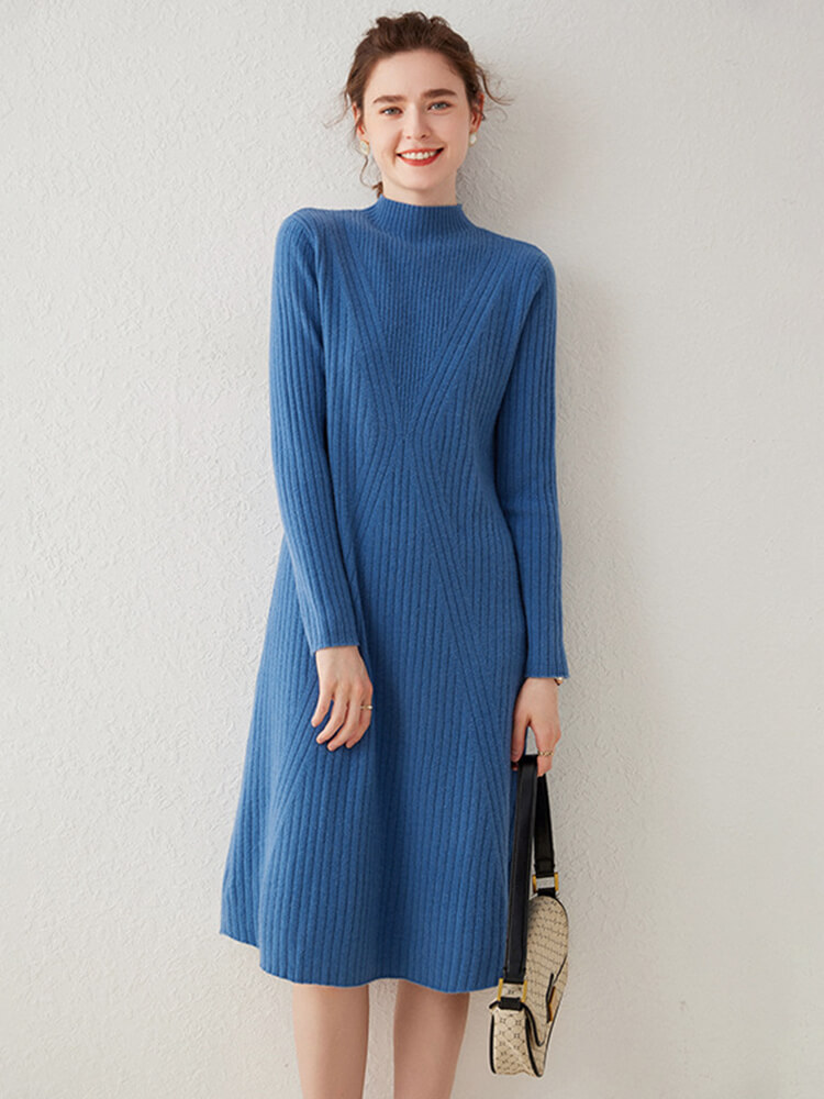 V-shaped Rib-knit Cashmere Mock Neck Midi Dress