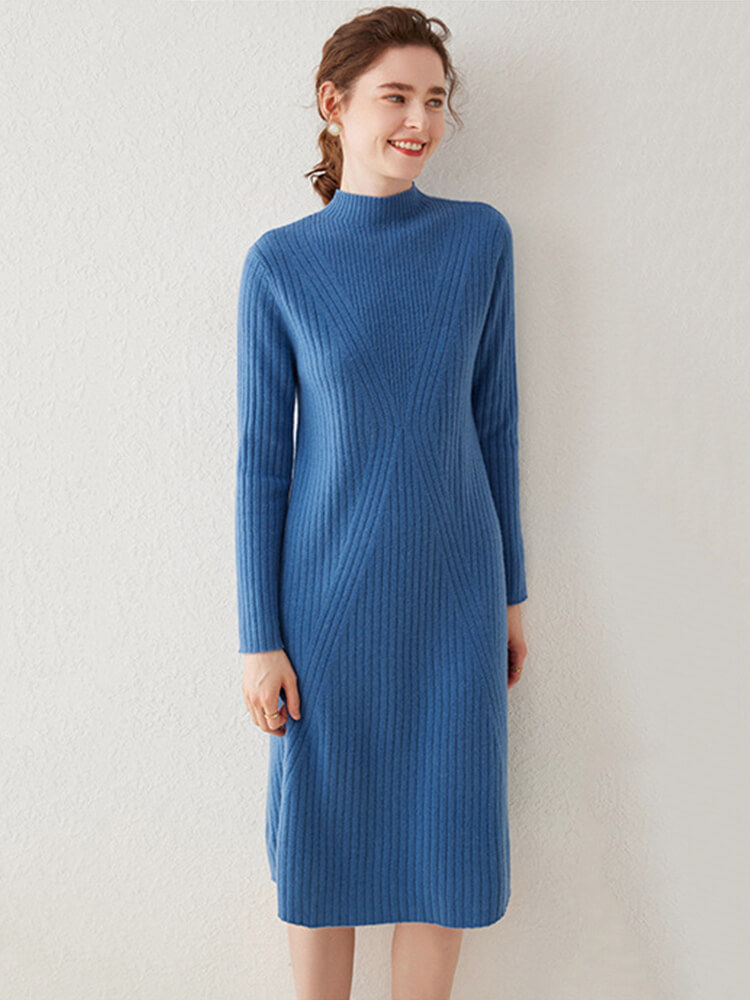 V-shaped Rib-knit Cashmere Mock Neck Midi Dress