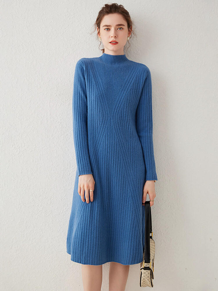 V-shaped Rib-knit Cashmere Mock Neck Midi Dress